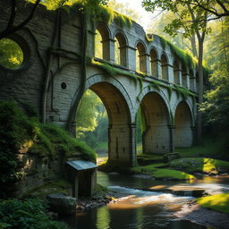 A beautifully detailed scene of a majestic ruined bridge, overgrown with vines and moss, set in a lush green landscape