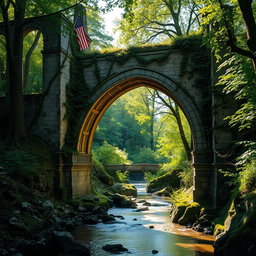 A beautifully detailed scene of a majestic ruined bridge, overgrown with vines and moss, set in a lush green landscape