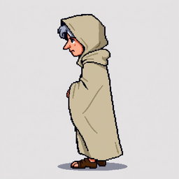 A pixel art illustration of a thin gray-haired medieval European priest, depicted from the side wearing a slightly dirty robe and tattered shoes, against an empty background