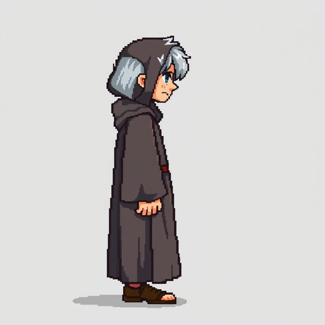 A pixel art illustration of a thin gray-haired medieval European priest, depicted from the side wearing a slightly dirty robe and tattered shoes, against an empty background