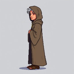 A pixel art illustration of a thin gray-haired medieval European priest, depicted from the side wearing a slightly dirty robe and tattered shoes, against an empty background