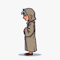 A pixel art illustration of a thin gray-haired medieval European priest, depicted from the side wearing a slightly dirty robe and tattered shoes, against an empty background