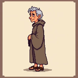 A pixel art illustration of a thin gray-haired medieval Spanish priest, depicted from the side wearing a slightly dirty robe and tattered shoes, without a hood, against an empty background