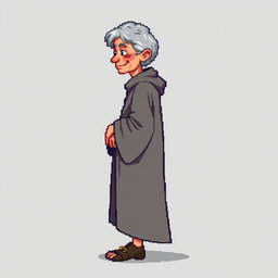 A pixel art illustration of a thin gray-haired medieval Spanish priest, depicted from the side wearing a slightly dirty robe and tattered shoes, without a hood, against an empty background