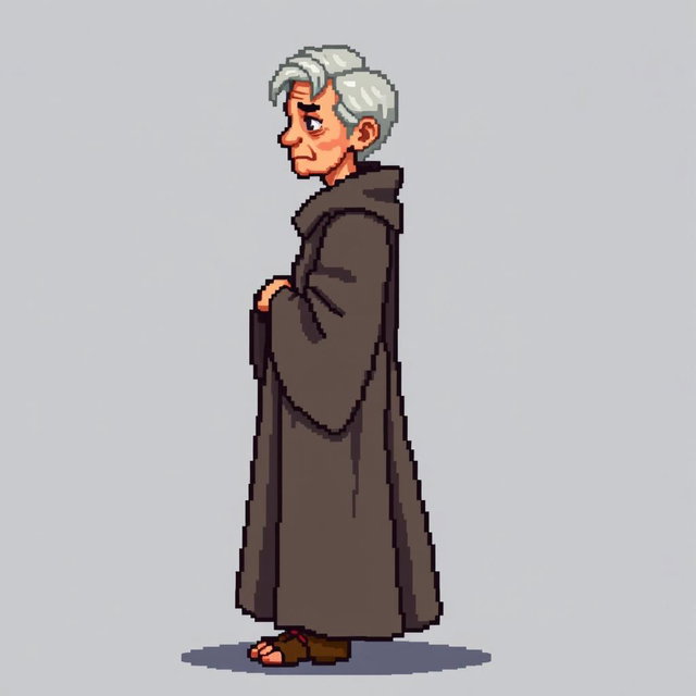 A pixel art illustration of a thin gray-haired medieval Spanish priest, depicted from the side wearing a slightly dirty robe and tattered shoes, without a hood, against an empty background