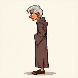 A pixel art illustration of a thin gray-haired medieval Spanish priest, depicted from the side wearing a slightly dirty robe and tattered shoes, without a hood, against an empty background