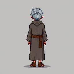 A pixel art illustration of a thin gray-haired medieval Spanish priest, depicted from the front wearing a slightly dirty robe and tattered shoes, without a hood, against an empty background