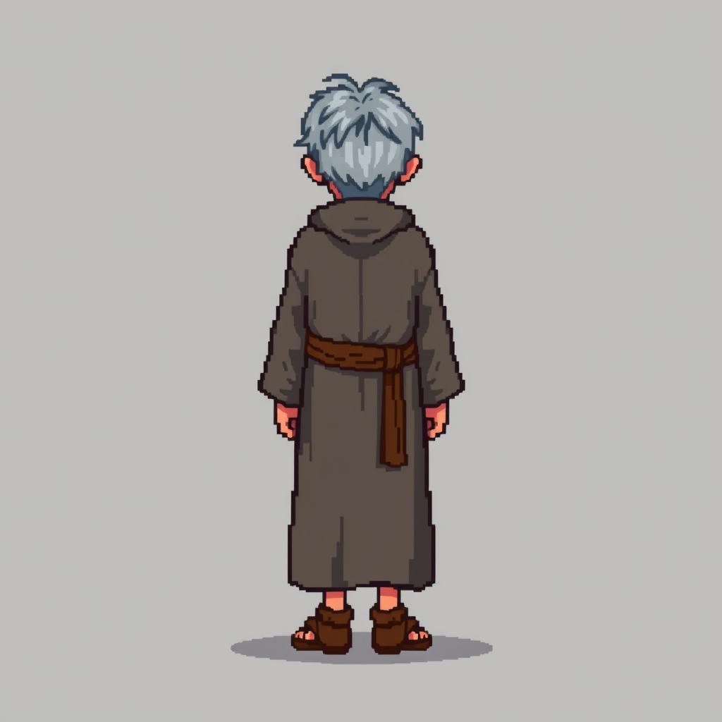 A pixel art illustration of a thin gray-haired medieval Spanish priest, depicted from the front wearing a slightly dirty robe and tattered shoes, without a hood, against an empty background
