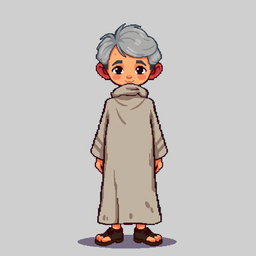 A pixel art illustration of a thin gray-haired medieval Spanish priest, depicted from the front wearing a slightly dirty robe and tattered shoes, without a hood, against an empty background