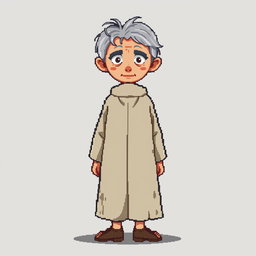 A pixel art illustration of a thin gray-haired medieval Spanish priest, depicted from the front wearing a slightly dirty robe and tattered shoes, without a hood, against an empty background