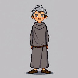 A pixel art illustration of a thin gray-haired medieval Spanish priest, depicted from the front wearing a slightly dirty robe and tattered shoes, without a hood, against an empty background