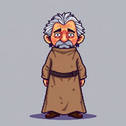 A pixel art illustration of an old thin gray-haired medieval Spanish priest, depicted facing the front, wearing a slightly dirty robe and tattered shoes, without a hood, against an empty background