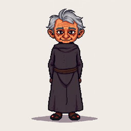 A pixel art illustration of an old thin gray-haired medieval Spanish priest, depicted facing the front, wearing a slightly dirty robe and tattered shoes, without a hood, against an empty background