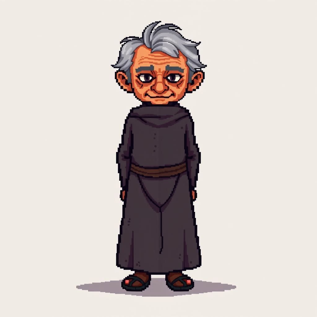 A pixel art illustration of an old thin gray-haired medieval Spanish priest, depicted facing the front, wearing a slightly dirty robe and tattered shoes, without a hood, against an empty background