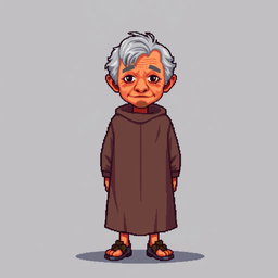 A pixel art illustration of an old thin gray-haired medieval Spanish priest, depicted facing the front, wearing a slightly dirty robe and tattered shoes, without a hood, against an empty background