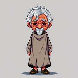 A pixel art illustration of an old thin gray-haired medieval Spanish priest, depicted facing the front, wearing a slightly dirty robe and tattered shoes, without a hood, against an empty background