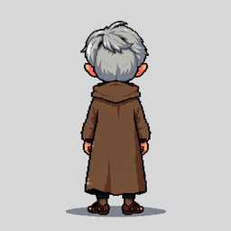 A pixel art illustration of a thin gray-haired medieval Spanish priest, facing the front, wearing a slightly dirty robe and tattered shoes, without a hood, set against an empty background