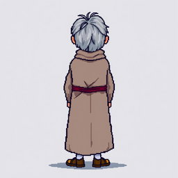 A pixel art illustration of a thin gray-haired medieval Spanish priest, facing the front, wearing a slightly dirty robe and tattered shoes, without a hood, set against an empty background