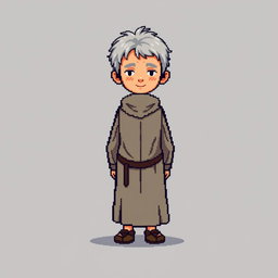 A pixel art illustration of a thin gray-haired medieval Spanish priest, facing the front, wearing a slightly dirty robe and tattered shoes, without a hood, set against an empty background