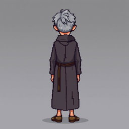A pixel art illustration of a thin gray-haired medieval Spanish priest, facing the front, wearing a slightly dirty robe and tattered shoes, without a hood, set against an empty background