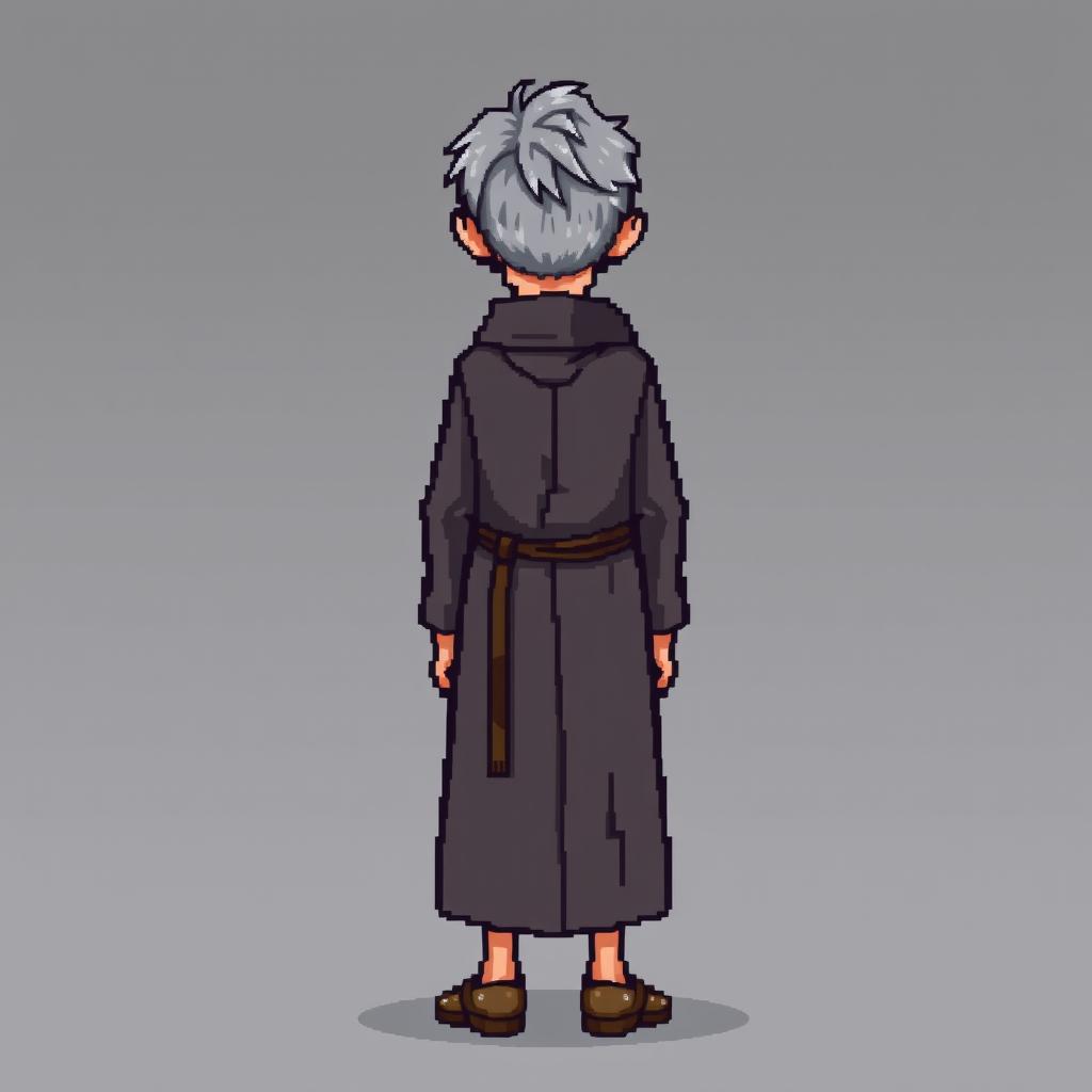 A pixel art illustration of a thin gray-haired medieval Spanish priest, facing the front, wearing a slightly dirty robe and tattered shoes, without a hood, set against an empty background