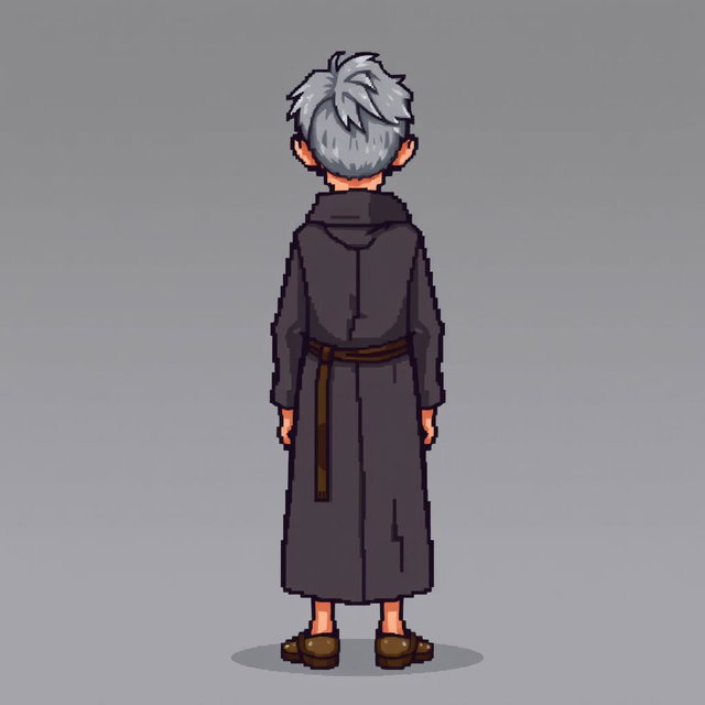 A pixel art illustration of a thin gray-haired medieval Spanish priest, facing the front, wearing a slightly dirty robe and tattered shoes, without a hood, set against an empty background