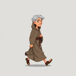 A pixel art illustration of a thin gray-haired medieval Spanish priest walking, depicted against an empty background