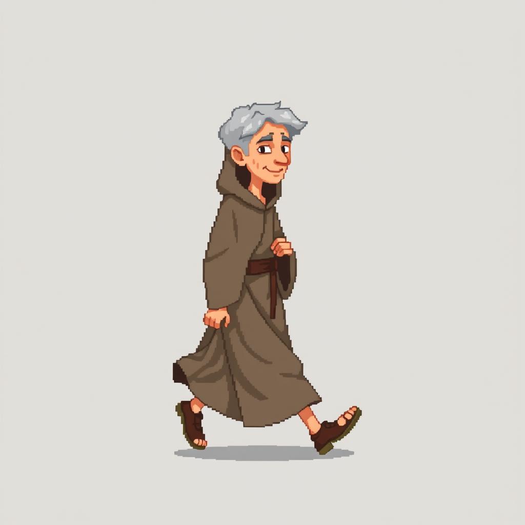 A pixel art illustration of a thin gray-haired medieval Spanish priest walking, depicted against an empty background