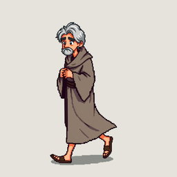 A pixel art illustration of a thin gray-haired medieval Spanish priest walking, depicted against an empty background