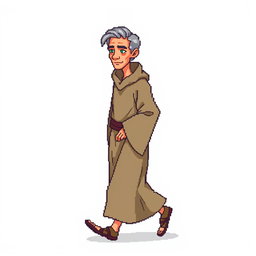 A pixel art illustration of a thin gray-haired medieval Spanish priest walking, depicted against an empty background