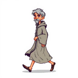 A pixel art illustration of a thin gray-haired medieval Spanish priest walking, depicted against an empty background