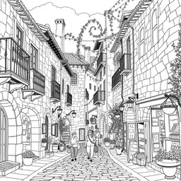 A black and white medieval style line drawing depicting a charming Spanish village street