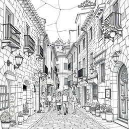 A black and white medieval style line drawing depicting a charming Spanish village street