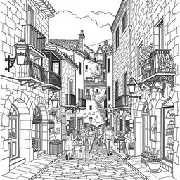 A black and white medieval style line drawing depicting a charming Spanish village street