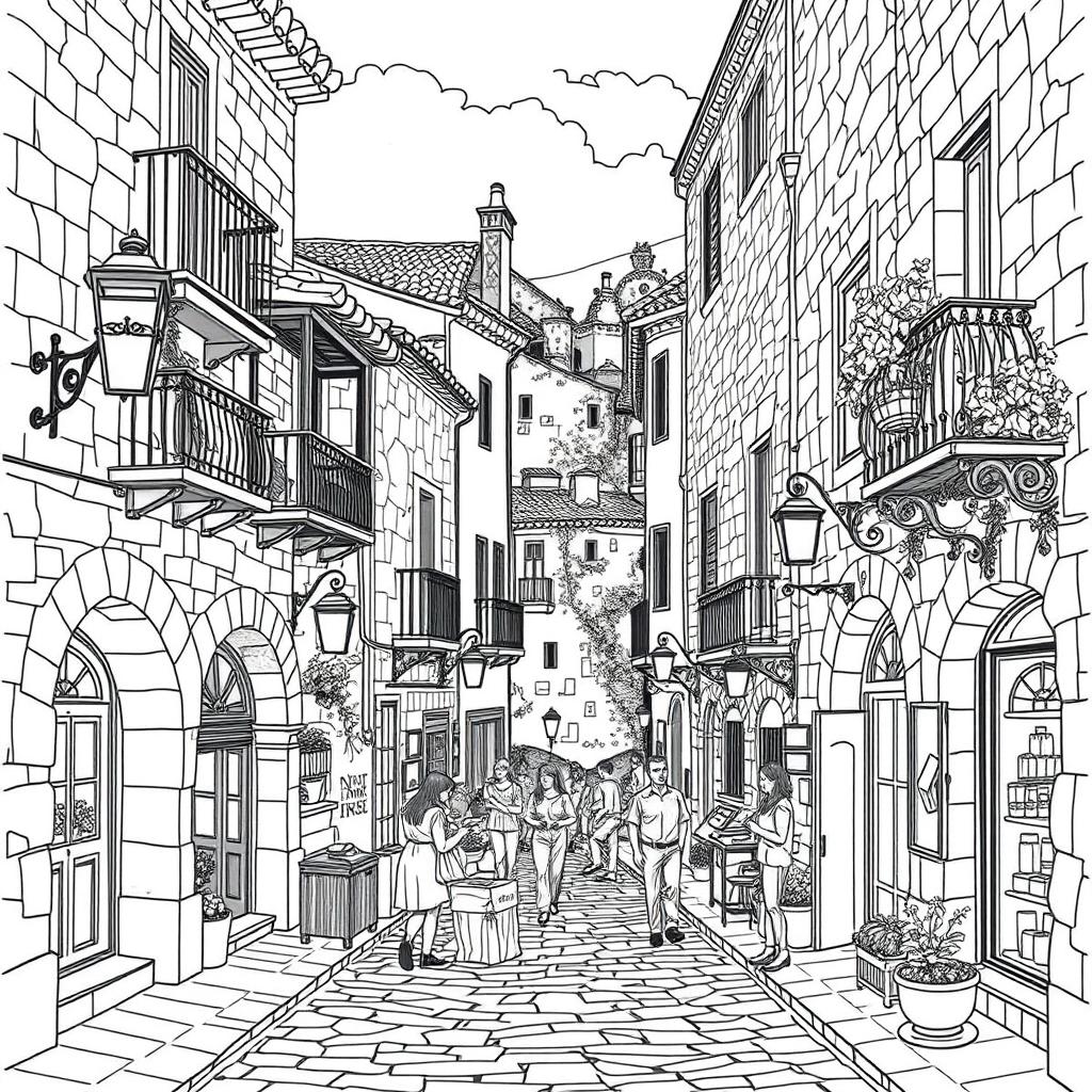A black and white medieval style line drawing depicting a charming Spanish village street