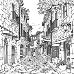 A black and white medieval style line drawing depicting a charming Spanish village street