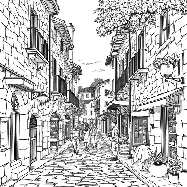 A black and white medieval style line drawing depicting a charming Spanish village street