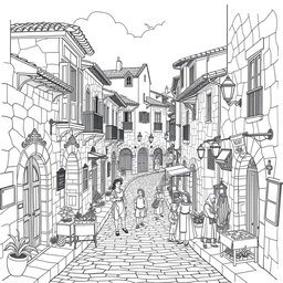 A black and white line drawing of a Spanish village street set in the 16th century