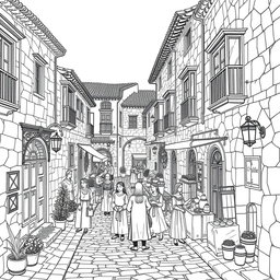 A black and white line drawing of a Spanish village street set in the 16th century