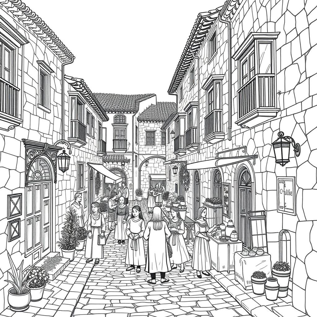 A black and white line drawing of a Spanish village street set in the 16th century