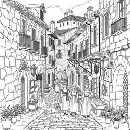 A black and white line drawing of a Spanish village street set in the 16th century