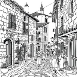 A black and white line drawing of a Spanish village street set in the 16th century