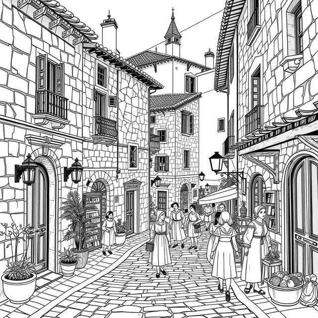 A black and white line drawing of a Spanish village street set in the 16th century