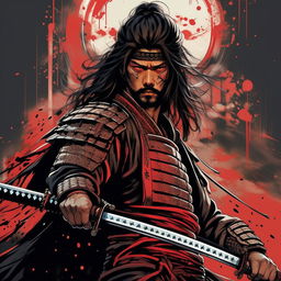 A highly detailed, cinematic, and dramatic 32k illustration in the style of epic sci-fi anime line art, featuring a samurai man with his sword.