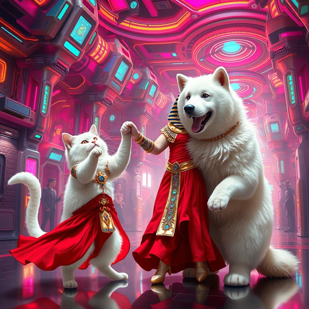 An imaginative scene set in a futuristic world featuring a white cat elegantly dressed in a vibrant red dress, joyfully dancing with Cleopatra, who is adorned in a modernized version of her royal attire with metallic and holographic elements