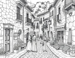 A detailed black and white line drawing of a 16th century Spanish village street