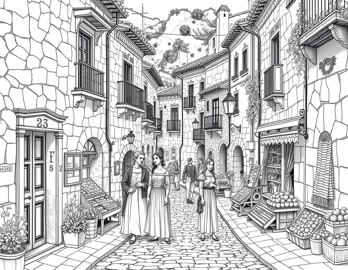 A detailed black and white line drawing of a 16th century Spanish village street
