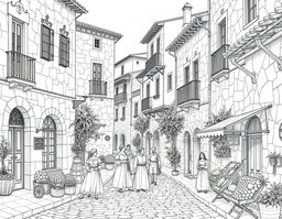 A detailed black and white line drawing of a 16th century Spanish village street