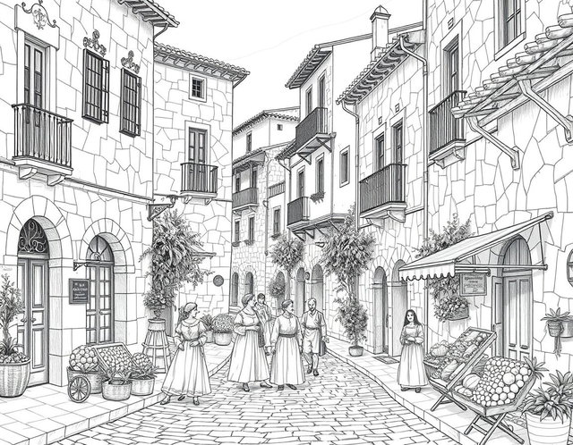 A detailed black and white line drawing of a 16th century Spanish village street