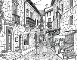 A detailed black and white line drawing of a 16th century Spanish village street